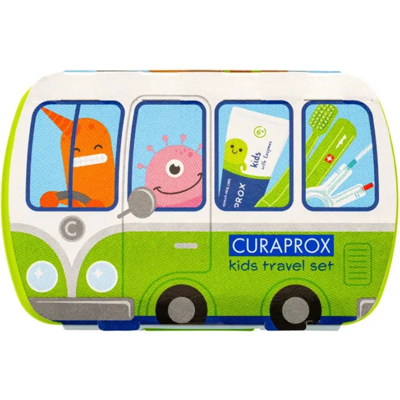 Curaprox Kids Oral Hygiene Σετ Ταξιδιού Στοματικής Φροντίδας Παιδιών από 6 έως 12 Ετών με Οδοντόκρεμα με Γεύση Μέντα, Οδοντόβουρτσα με Πολύ μαλακές Ίνες, Μεσοδόντια & Θήκη Travel Set 1 Τεμάχιο - Πράσινο
