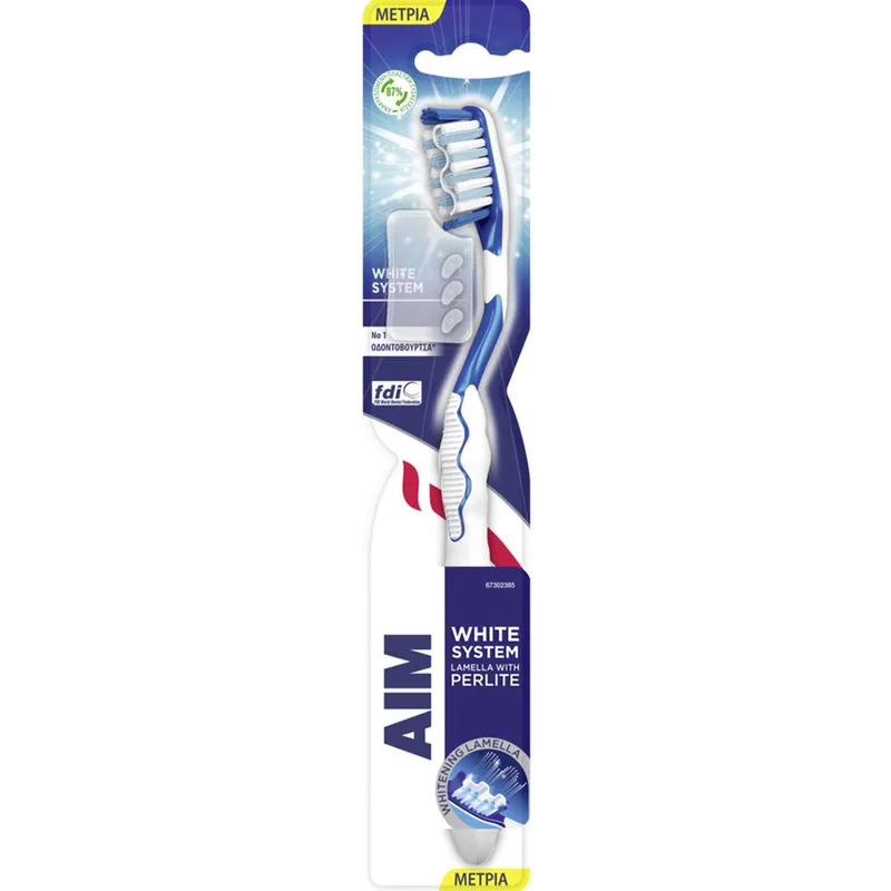 Aim White System Perlite Medium Toothbrush Οδοντόβουρτσα με Μέτριες Ίνες & Ελαστική Μεμβράνη που Περιέχει Περλίτη για πιο Λευκά Δόντια με Προστατευτικό Κάλυμμα 1 Τεμάχιο - Μπλε