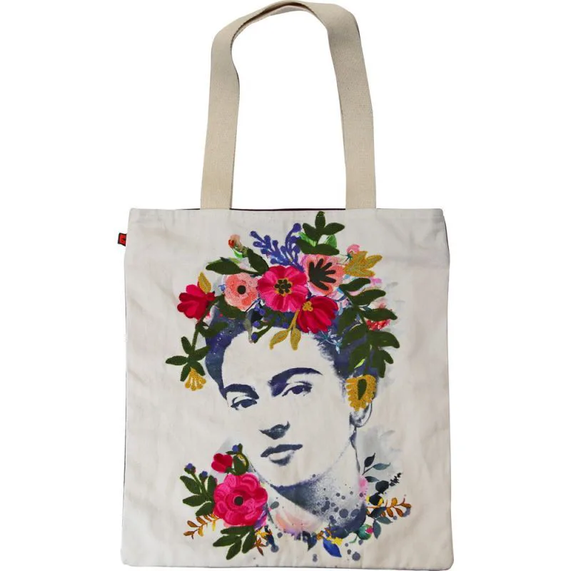 Τσάντα ώμου κεντημένη 40x45cm. Synchronia - Frida Κahlo (λευκή)