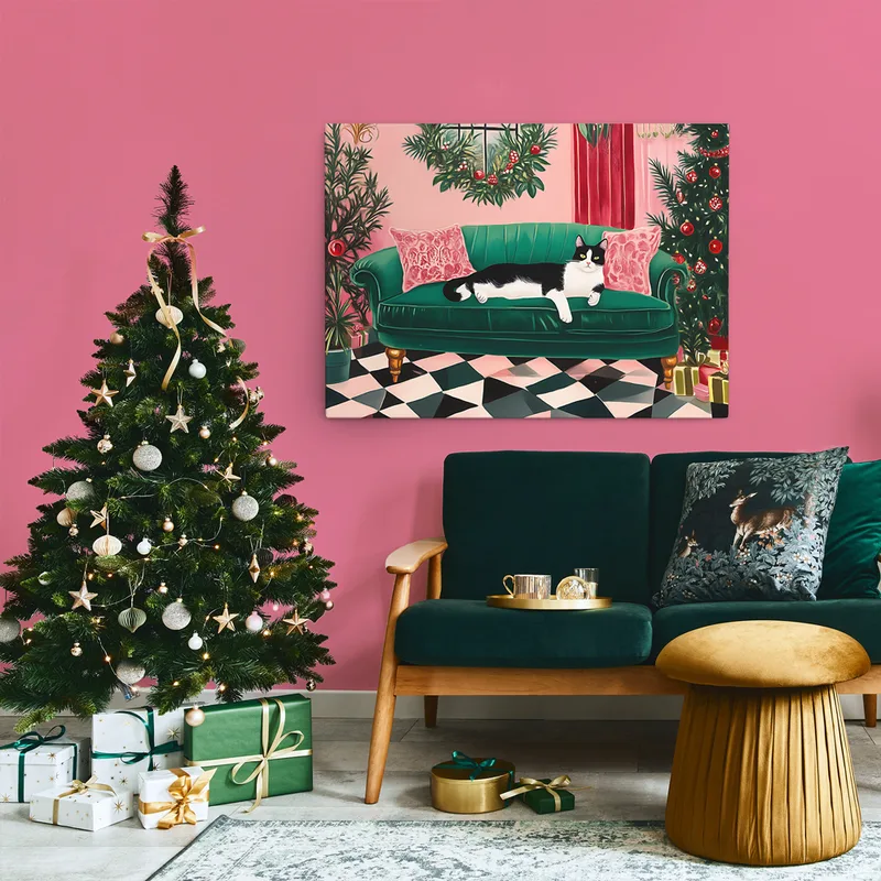 OUTLET Πινακας σε καμβά PINK CHRISTMAS CAT SOFA 40cm x 30cm