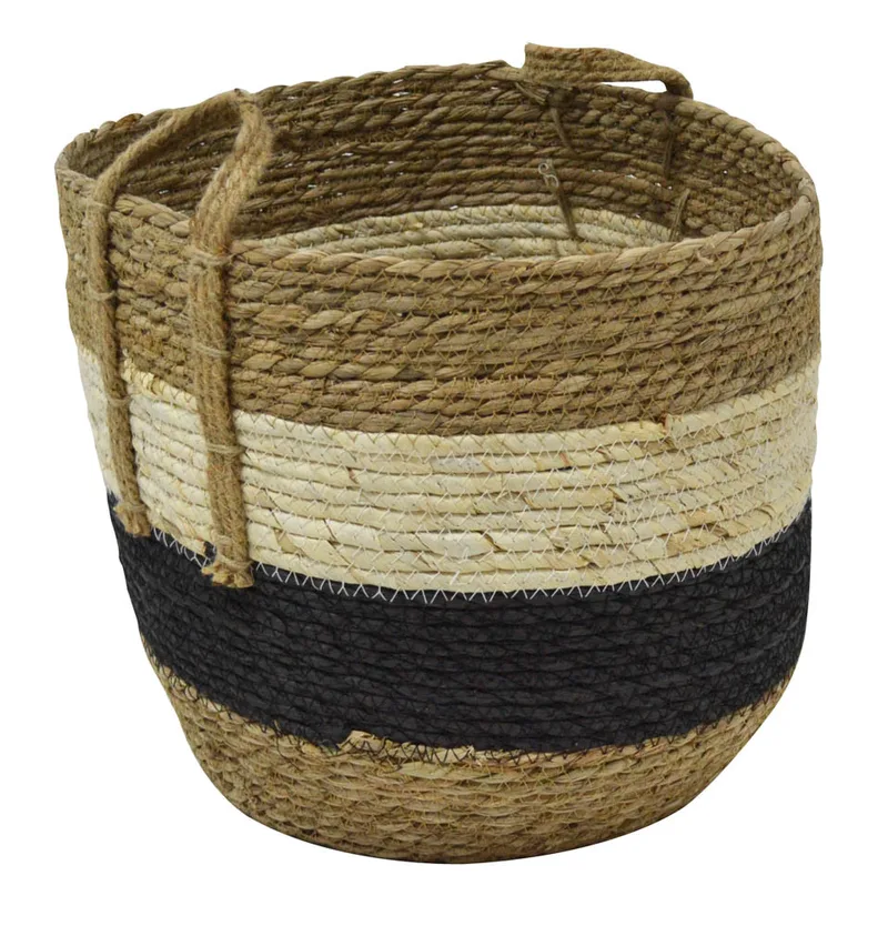 Καλάθι Ψάθα Seagrass Στρογγυλό Τρίχρωμο Μπεζ 33cm