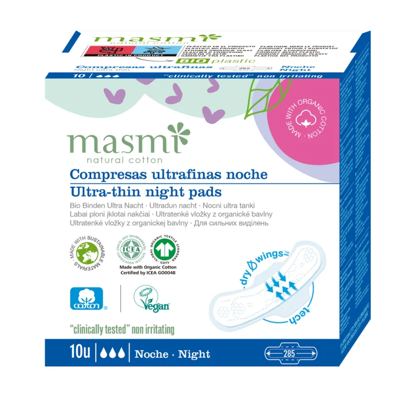 Masmi Organic Sanitary Pads Ultra Day & Night with Wings, Night (10 pieces)