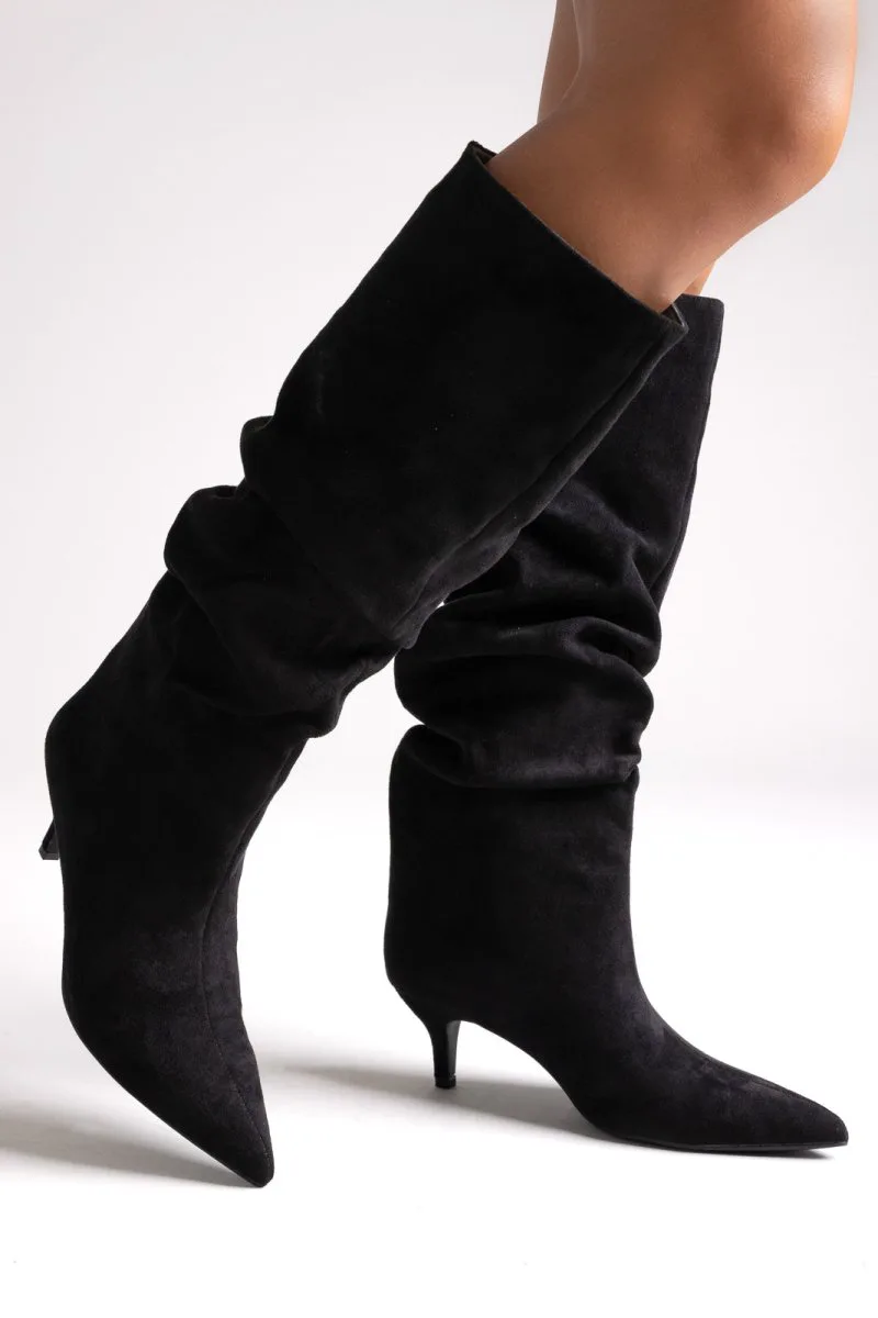 MARQUIIZ Suede Pointed Boots with Kitten Heel - 2512A - Black Suede