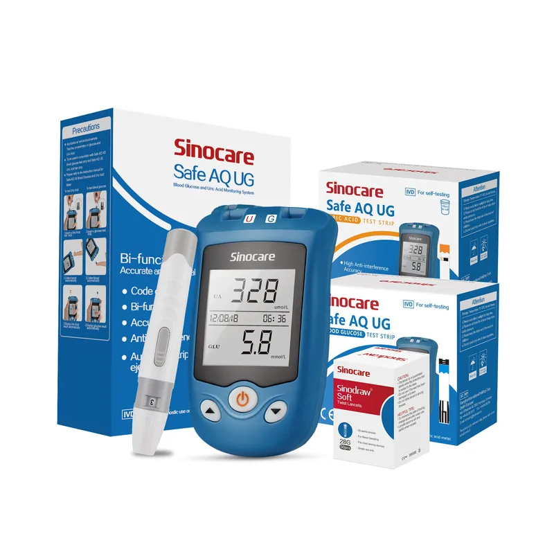 Sinocare Safe AQ UG Blood Glucose Uric Acid Meter with Advanced Test Strips Lancet for Multifunctions | 1pc meter+50pcs×(Blood Glucose+Uric Acid Strips) | mg/dL