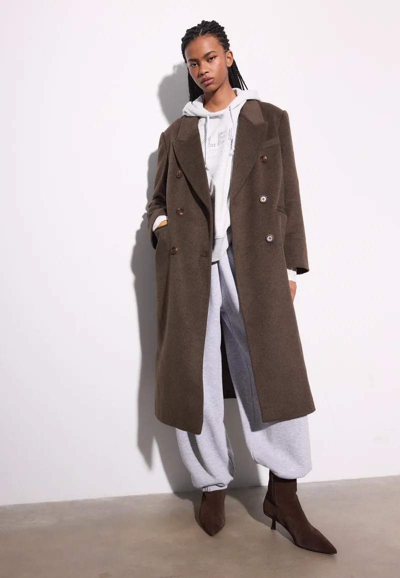 Stradivarius Μακρύ Σταυρωτό Παλτό Oversize Καφέ L