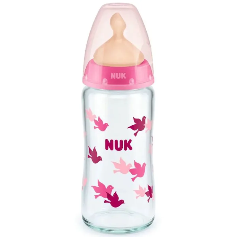 Nuk First Choice Plus Glass Temperature Control Latex Medium 0-6m Γυάλινο Μπιμπερό με Θηλή Καουτσούκ Κατά των Κολικών & Δείκτη Ελέγχου Θερμοκρασίας από 0 Έως 6 Μηνών 240ml - Ροζ