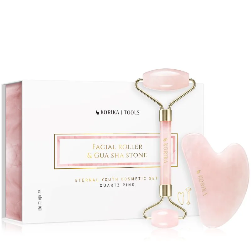 KORIKA Tools Face Roller & Gua Sha κύλινδρος για μασάζ Για το πρόσωπο και οδηγίες για μασάζ Quartz Ροζ