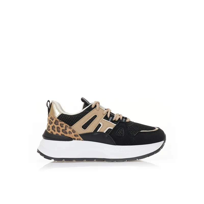 Αθλητικά μαύρα υφασμάτινα με animal print δερματίνη λεπτομέρειες και λούρεξ ΜΑΥΡΟ