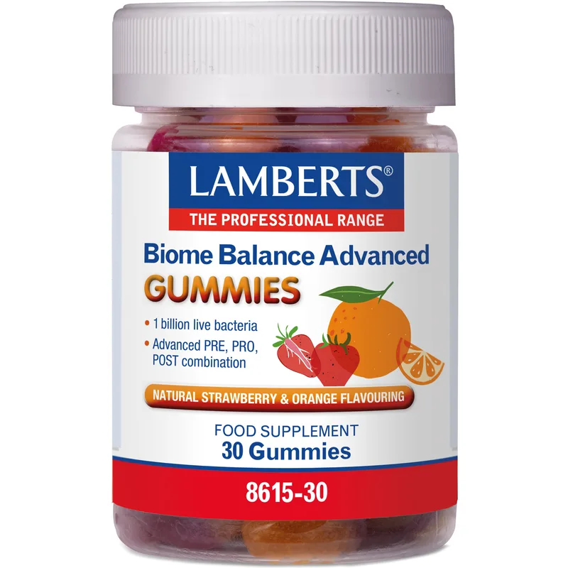 Lamberts Biome Balance Advanced Gummies Συμπλήρωμα Διατροφής Προηγμένης Φόρμουλας Προ, Πρε & Μεταβιοτικών Στελεχών για την Ενίσχυση & Υποστήριξη του Μικροβιώματος του Εντέρου με Γεύση Φράουλα & Πορτοκάλι 30 Ζελεδάκια