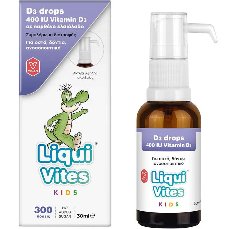 Vican Liqui Vites Kids Vitamin D3 400IU Drops Συμπλήρωμα Διατροφής Βιταμίνης D3 σε Παρθένο Ελαιόλαδο για Ενίσχυση Ανοσοποιητικού, Υγιή Δόντια & Οστά σε Σταγόνες για Παιδιά 30ml