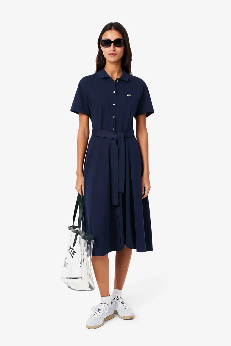 Lacoste γυναικείο midi φόρεμα πόλο σεμιζιέ πικέ με κεντημένο λογότυπο Flared Cut - EF9621-00 Μπλε Σκούρο