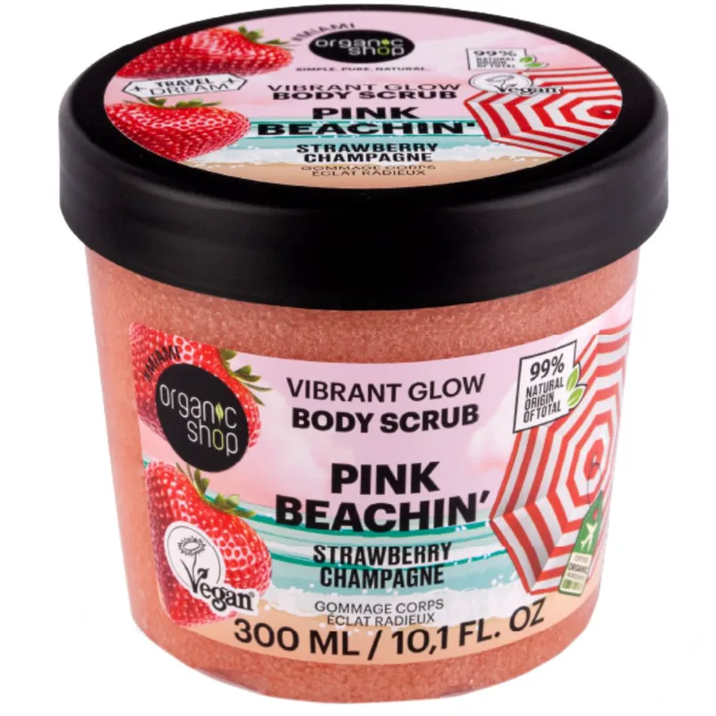 Organic Shop Vibrant Glow Ροζ Beachin' Fizzy Strawberry Body Scrub Ενυδατικό Απολεπιστικό Σώματος με Άρωμα Φράουλα για Φυσική Φωτεινότητα & Φρεσκάδα 300ml