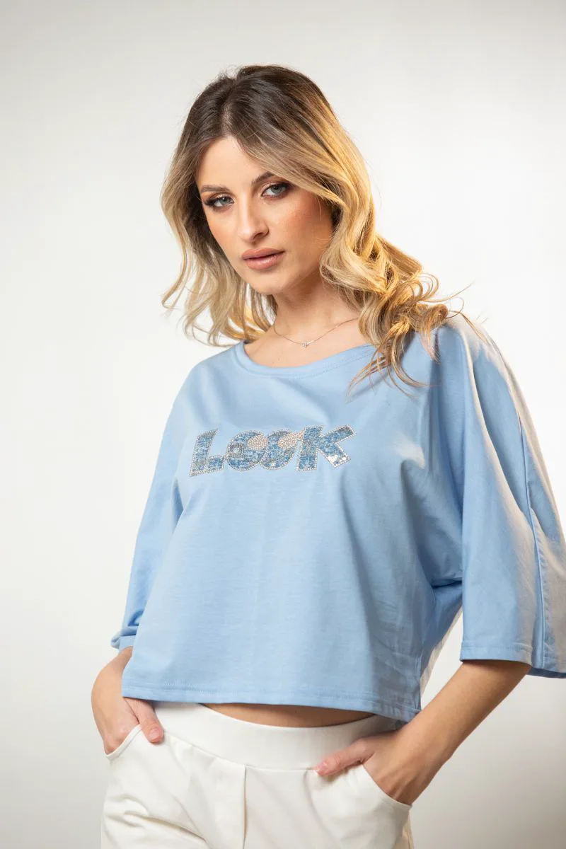 ΜΠΛΟΥΖΑ ΜΕ ΤΥΠΩΜΑ ΣΤΡΑΣ LOOK Μπλε