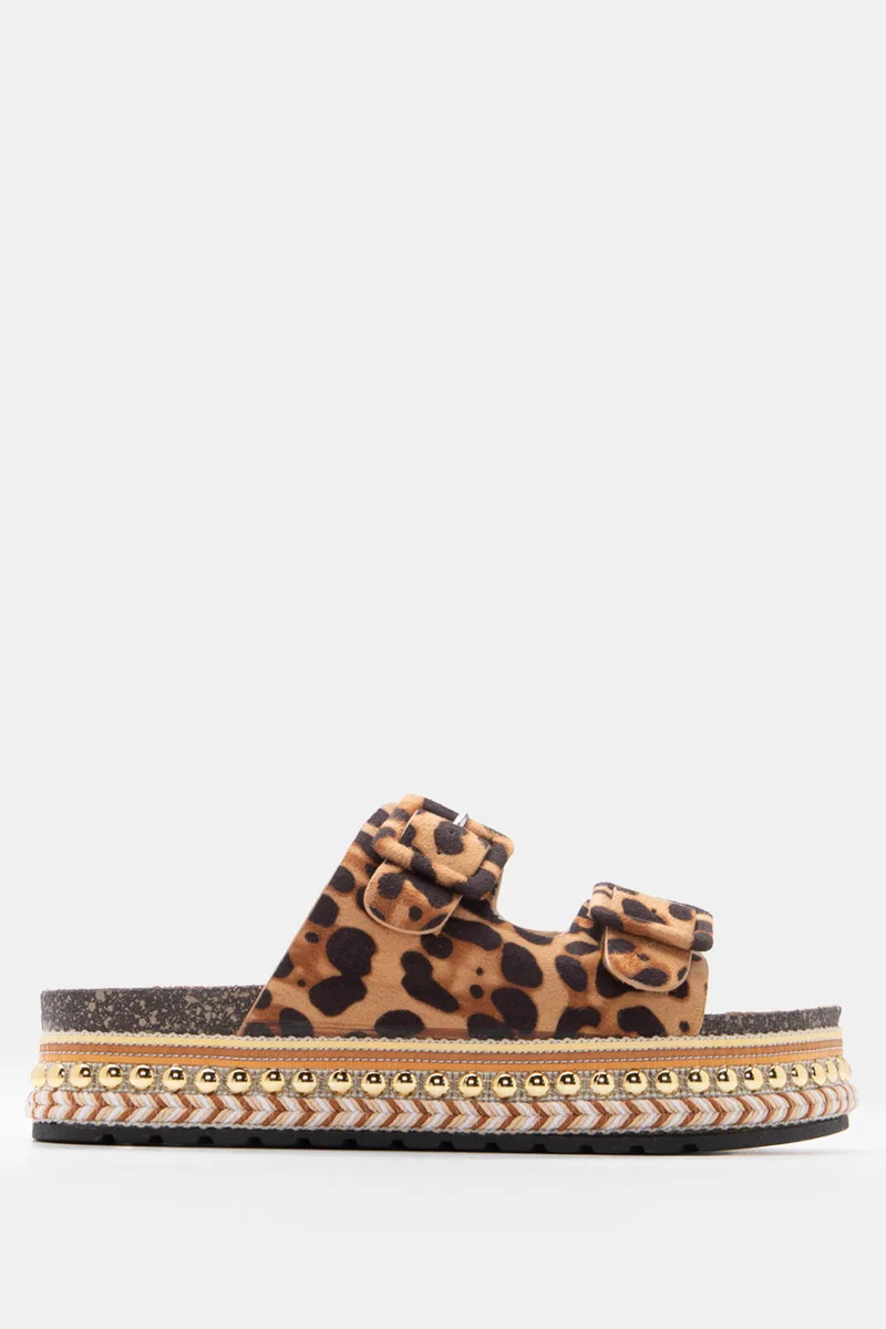 Σανδάλια Flatform Boho με Διπλές Τόκες - Animal Print