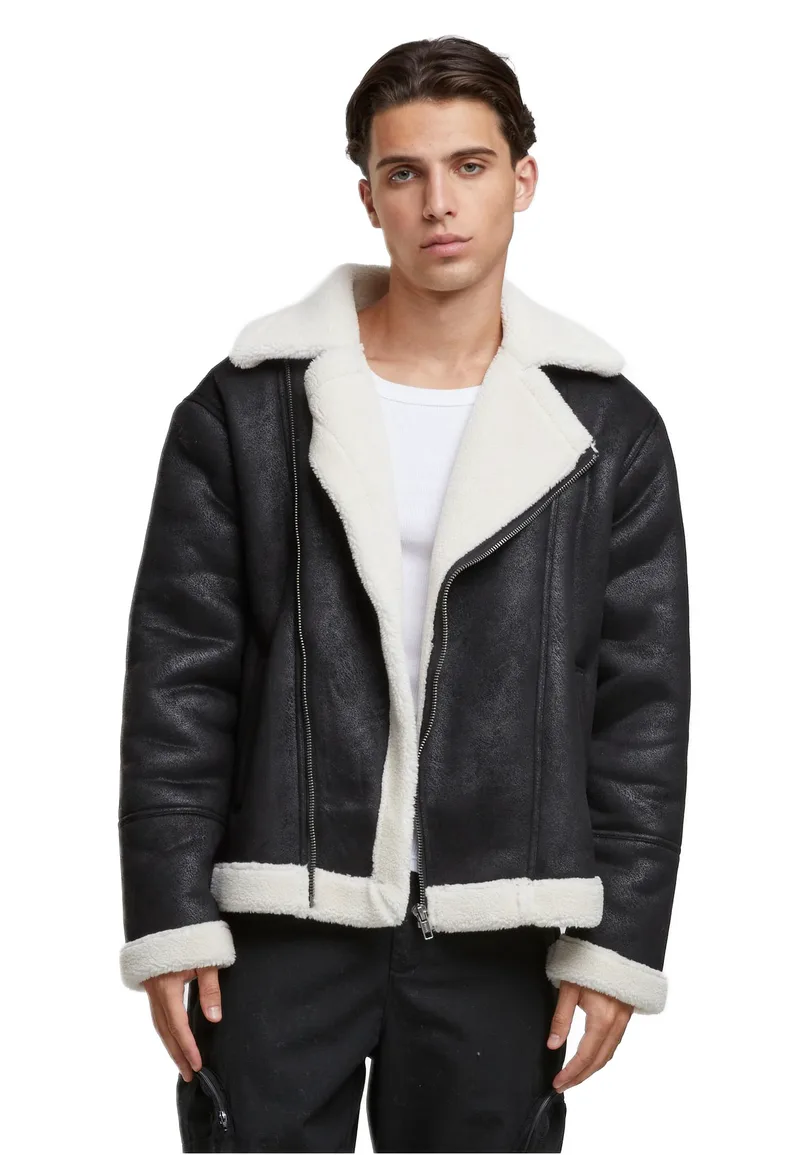 Shearling Biker Jacket Urban Classics TB7048-03275 Black/Whitesand