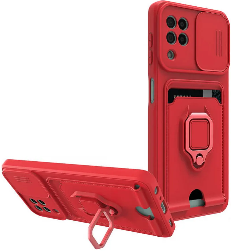 Bodycell Multifunction - Ανθεκτική Θήκη Samsung Galaxy A12 με Λουράκι Λαιμού / Κάλυμμα Κάμερας / Ring Holder / Υποδοχή Κάρτας - Red (5206015017353)