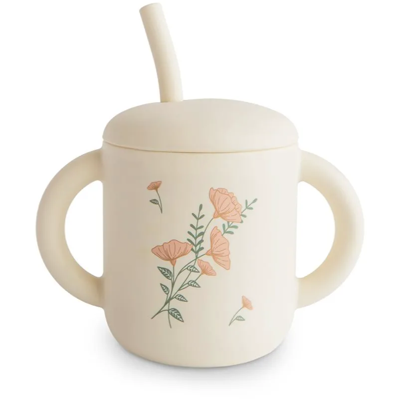 Mushie Silicone Training Cup Ροζ Flowers κύπελλο με καλαμάκι 170 ml