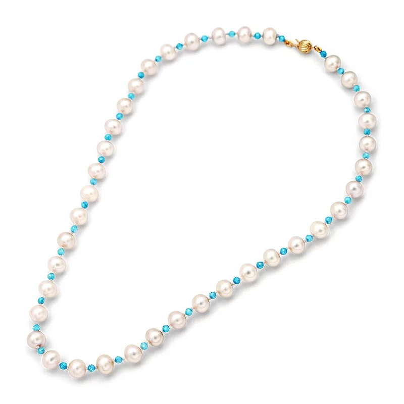 Κολιέ με Λευκά Μαργαριτάρια, Baby Blue Αχάτη και Χρυσό 14Κ