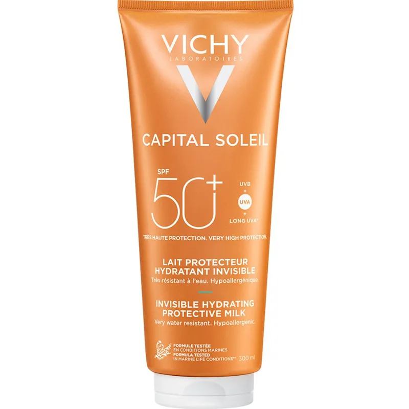 Vichy Capital Soleil Invisible Hydrating Protective Milk Spf50+ Αντηλιακό Γαλάκτωμα Προσώπου Σώματος Πολύ Υψηλής Προστασίας για Ευαίσθητες Επιδερμίδες 300ml