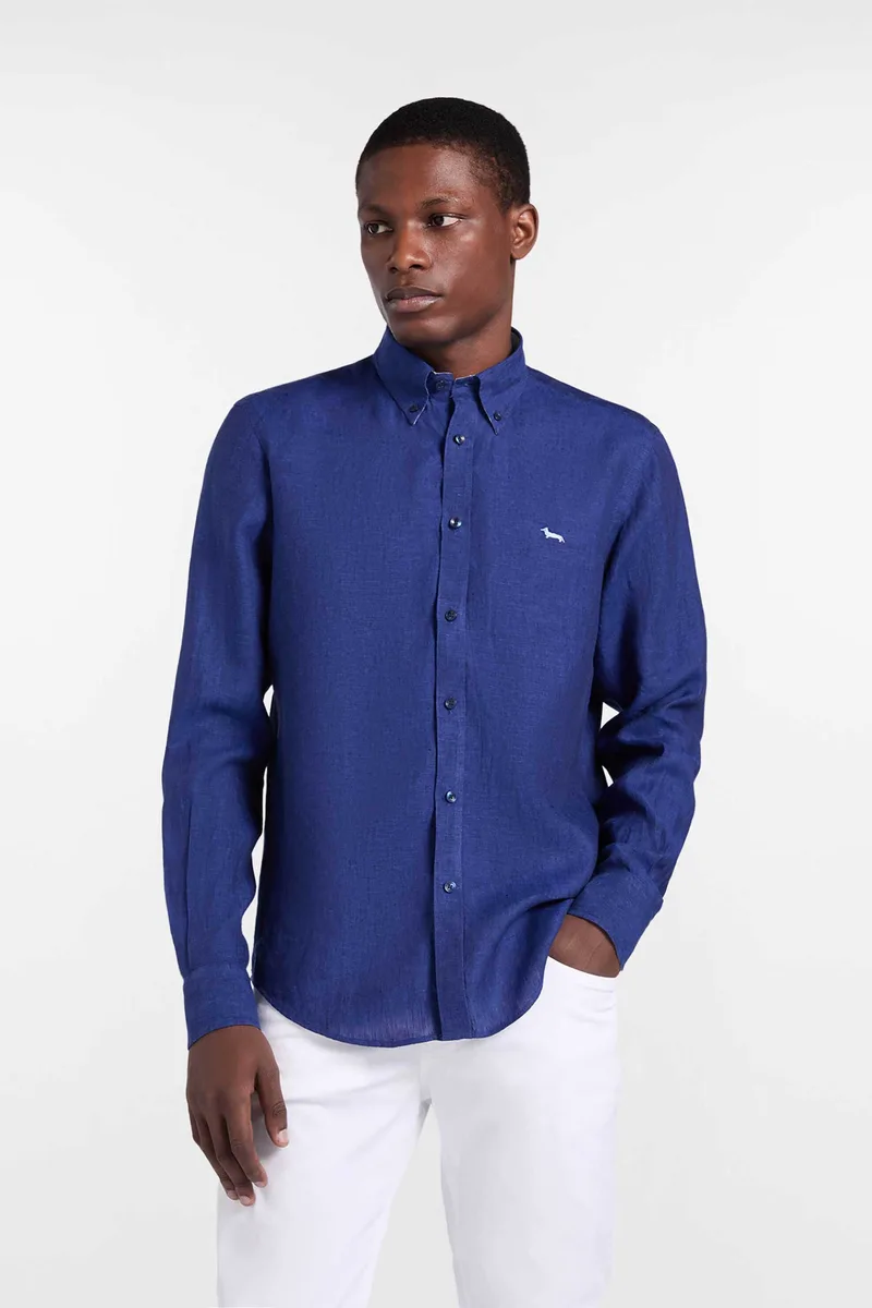 Harmont & Blaine ανδρικό λινό πουκάμισο button down με κεντημένο λογότυπο Regular Fit - CRQ014010883B Μπλε Σκούρο