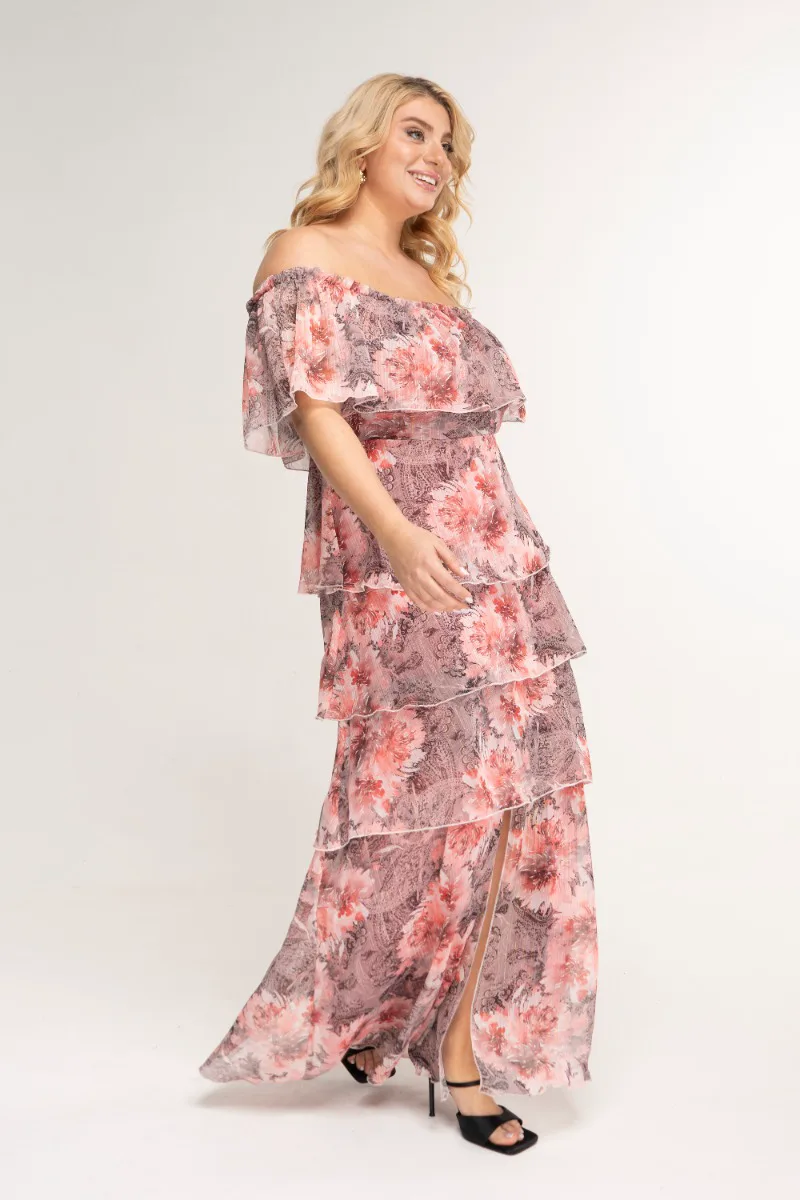 Maxi φόρεμα με βολάν σε εμπριμέ σομόν χρώμα plus size