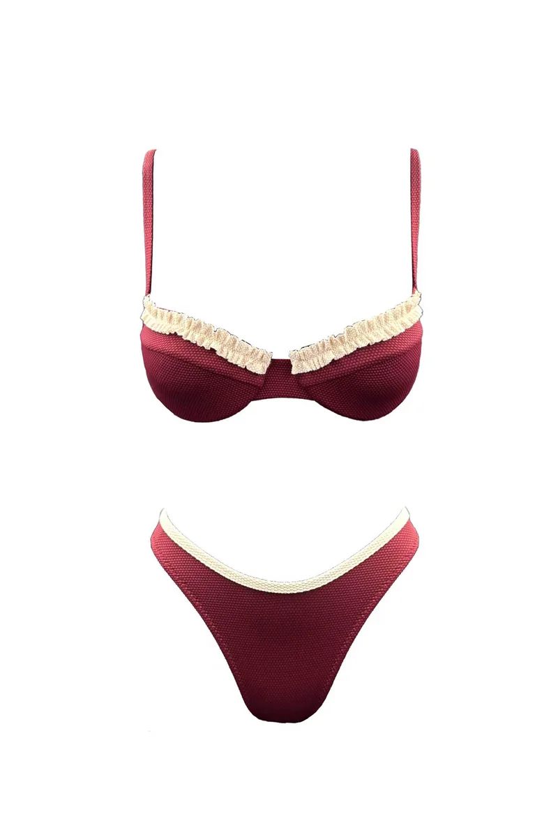 Emma Swimwear σετ γυναικείο μαγιό μπικίνι "Wine – Ivory Ruffled" - EMMA 926 Μπορντό