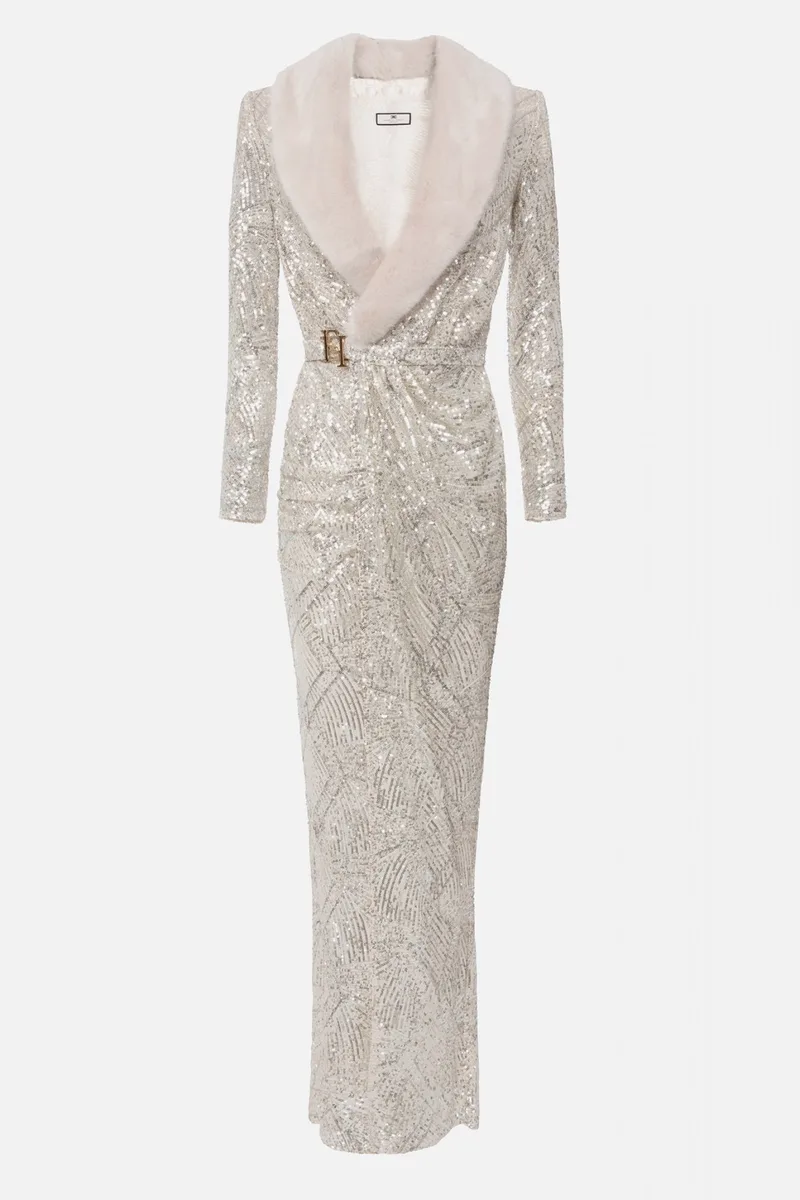 ELISABETTA FRANCHI ΦΟΡΕΜΑ RED CARPET MAXI ΠΑΓΕΤΑ ΖΩΝΗ LOGO ΑΠΟΣΠΩΜΕΝΗ ΓΟΥΝΑ ΕΚΡΟΥ