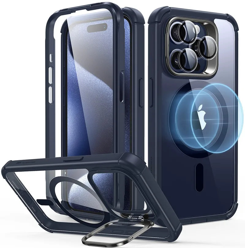 ESR Armor Tough with Stash Stand HaloLock - Ανθεκτική 360° Διάφανη MagSafe Θήκη με Kickstand & Tempered Glass για Φακό Κάμερας - Apple iPhone 15 Pro - Clear / Dark Blue (4894240176641)