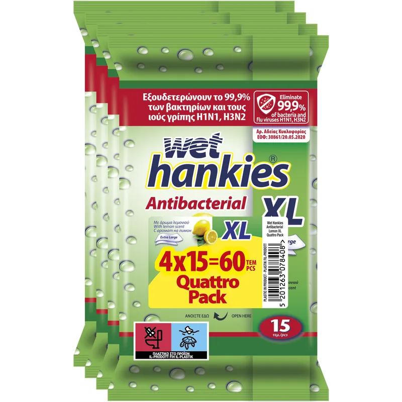 Wet Hankies Promo Antibacterial Wipes Lemon Υγρά Αντιβακτηριδιακά Μαντήλια Χεριών Μεγάλου Μεγέθους με Οινόπνευμα & Αντισηπτικούς Παράγοντες με Άρωμα Λεμόνι 60 Τεμάχια (4x15 Τεμάχια)
