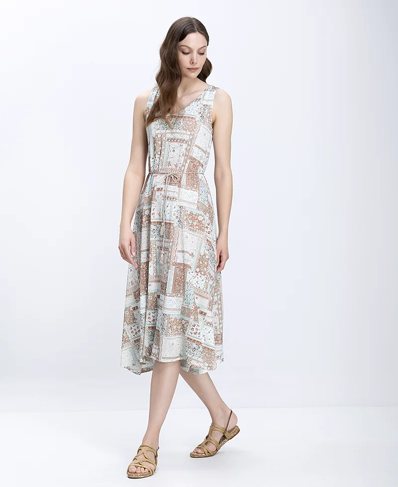 The Abito Γυναικείο Φόρεμα Midi Με Ethnic Print Και Δέσιμο Στη Μέση