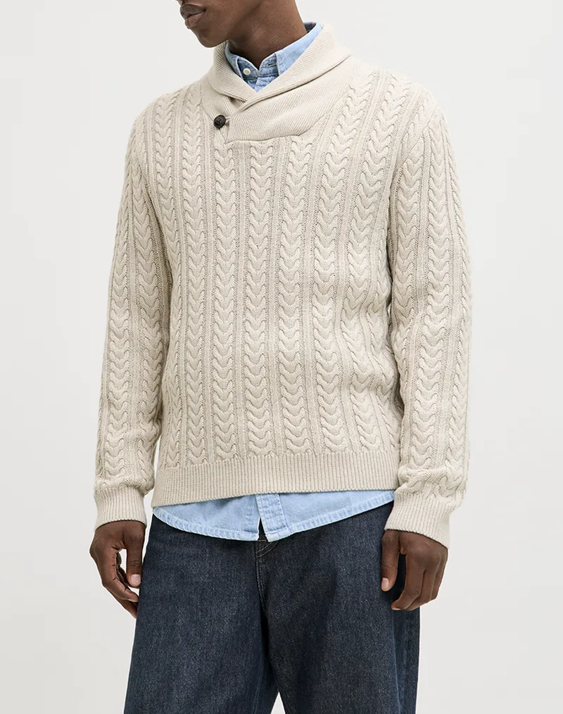 JACK&JONES JPRBLUSEAN KNIT CABLE SHAWL NECK 12283488-Silver LiningMelange Biege