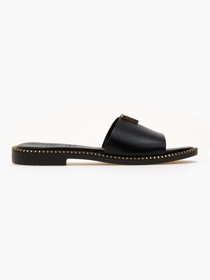TFP Leather Sandals V-Cut & Rhinestones - 114 - Black