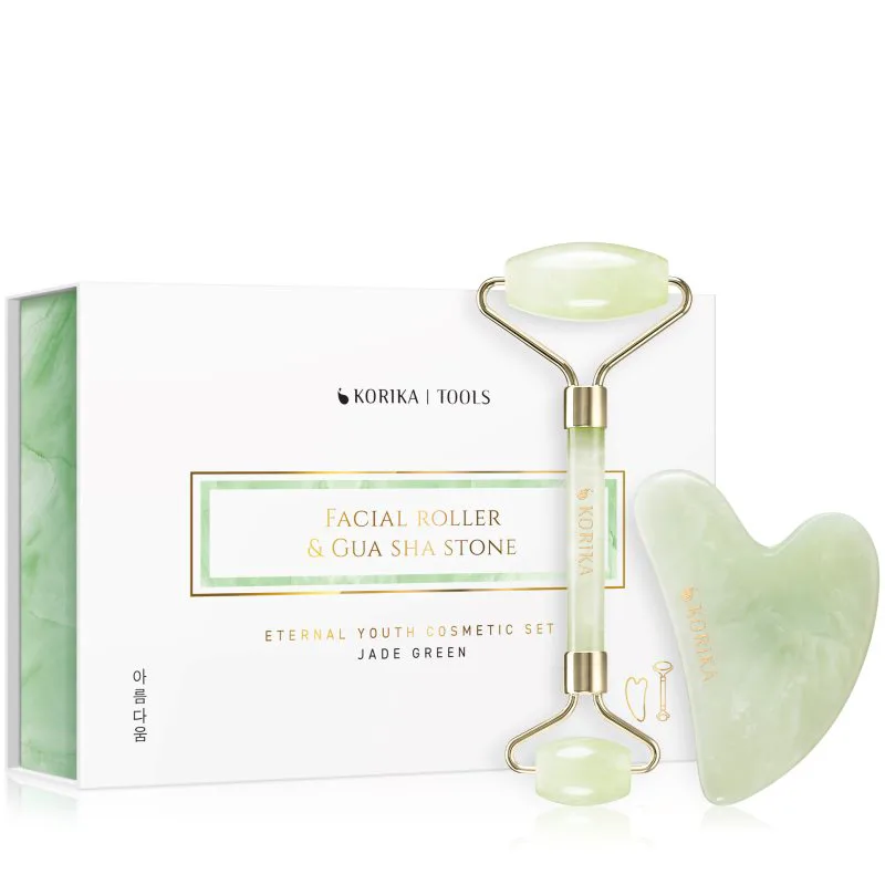 KORIKA Tools Face Roller & Gua Sha κύλινδρος για μασάζ Για το πρόσωπο και οδηγίες για μασάζ Jade Green