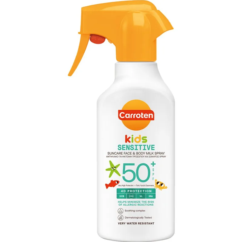 Carroten Kids Sensitive Spf50+ Suncare Face & Body Milk Spray Παιδικό Αντηλιακό Γαλάκτωμα Προσώπου & Σώματος Πολύ Υψηλής Προστασίας με Ειδική Σύνθεση που Μειώνει το Κίνδυνο Εμφάνισης Αλλεργικών Αντιδράσεων 270ml