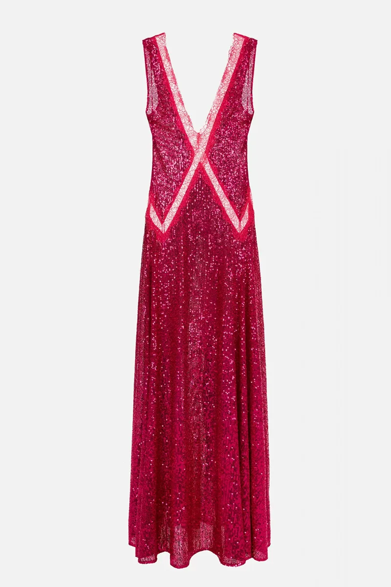 ELISABEΤΤA FRANCHI RED CARPET ΦΟΡΕΜΑ MAXI V-NECK ΔΑΝΤΕΛΑ ΠΑΓΙΕΤΑ ΦΟΥΞΙΑ