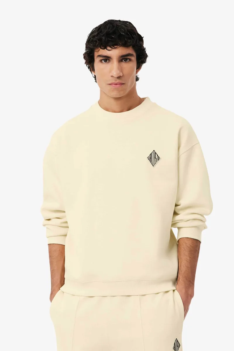 Lacoste ανδρική μπλούζα φούτερ πικέ με κεντημένο retro logo Loose Fit - SH0035-00 Κρέμ
