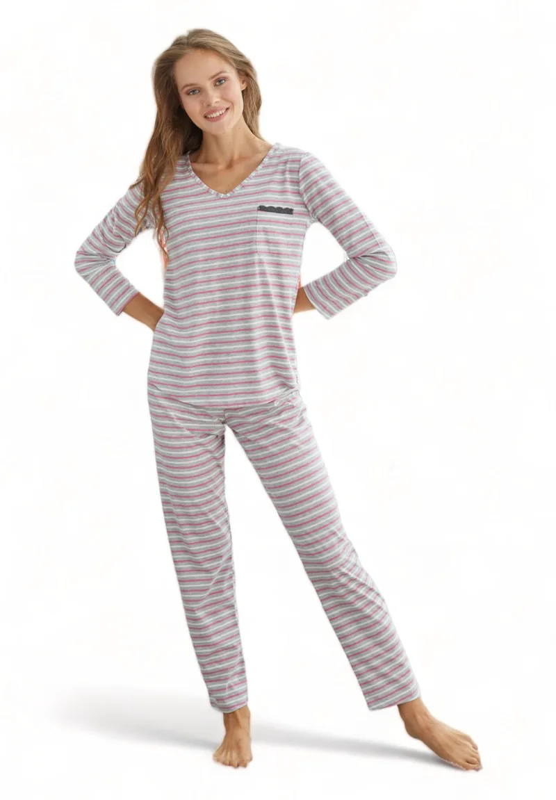 Πιτζάμα γυναικεία βαμβακερή Sexen Grey Stripes SXN23240060-Γκρι