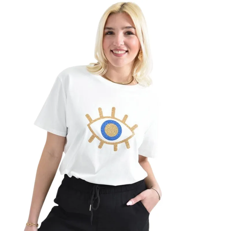 Γυναικείο T-shirt με χρυσό τύπωμα μάτι Λευκό 26393