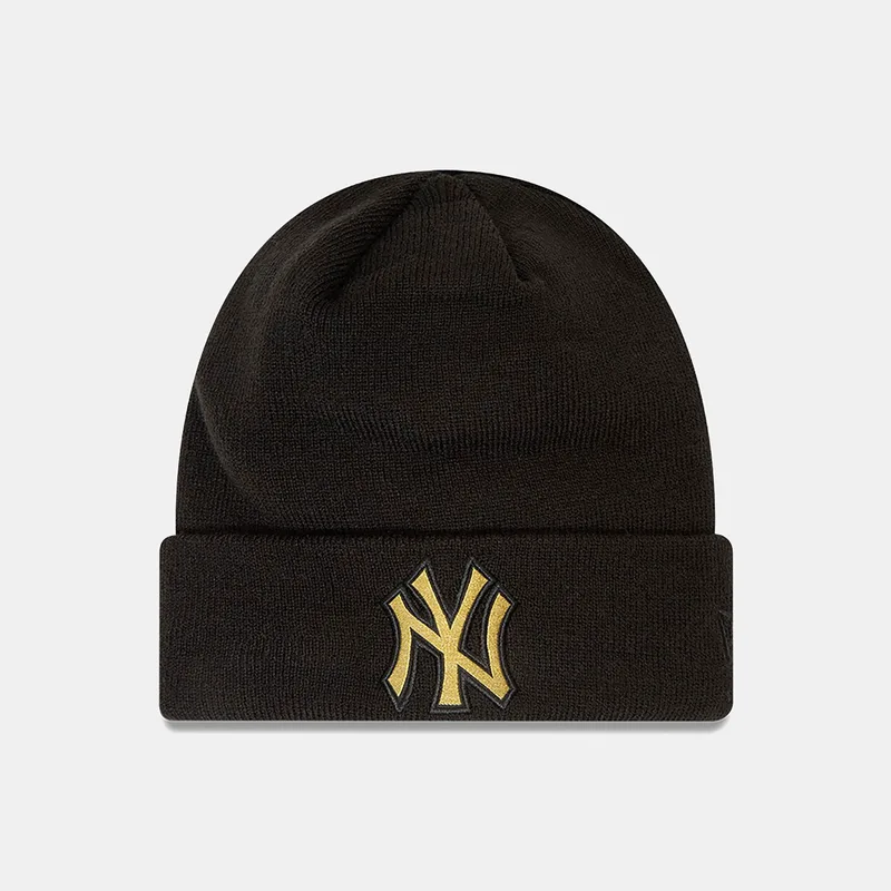 NEW ERA NEW YORK YANKEES METALLIC BADGE CUFF KNIT BEANIE HAT ΜΑΥΡΟ