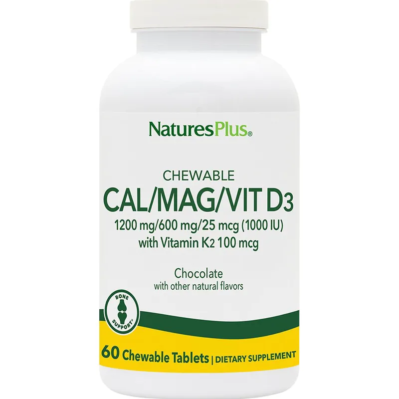 Natures Plus Cal 1200mg / Mag 600mg / Vit D3 25μg with Vitamin K2 100μg Συμπλήρωμα Διατροφής Ασβεστίου, Μαγνησίου, & Βιταμίνης D3 με Κ2 για την Καλή Υγεία των Οστών με Γεύση Σοκολάτα 60 Chew.tabs - Chocolate