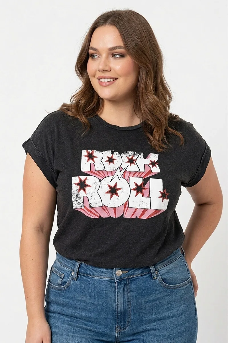 T-shirt με τύπωμα "Rock n Roll" σε ανθρακί χρώμα plus size