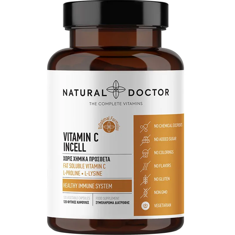 Natural Doctor Vitamin C Incell Συμπλήρωμα Διατροφής Βιταμίνης C & Αμινοξέων για την Ενίσχυση του Ανοσοποιητικού & το Φυσιολογικό Σχηματισμό του Κολλαγόνου 120veg.caps