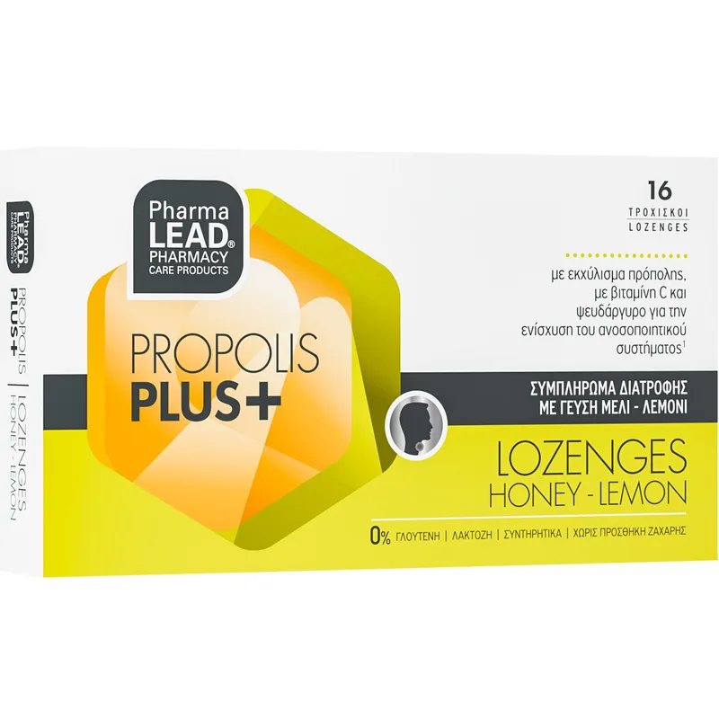 Pharmalead Propolis Plus+ Συμπλήρωμα Διατροφής Εκχυλίσματος Πρόπολης, Βιταμίνης C & Ψευδάργυρου για Ενίσχυση του Ανοσοποιητικού & Αντιμετώπιση των Ιώσεων & του Κρυολογήματος σε Καραμέλες με Γεύση Μέλι - Λεμόνι 16 Lozenges, Honey - Lemon