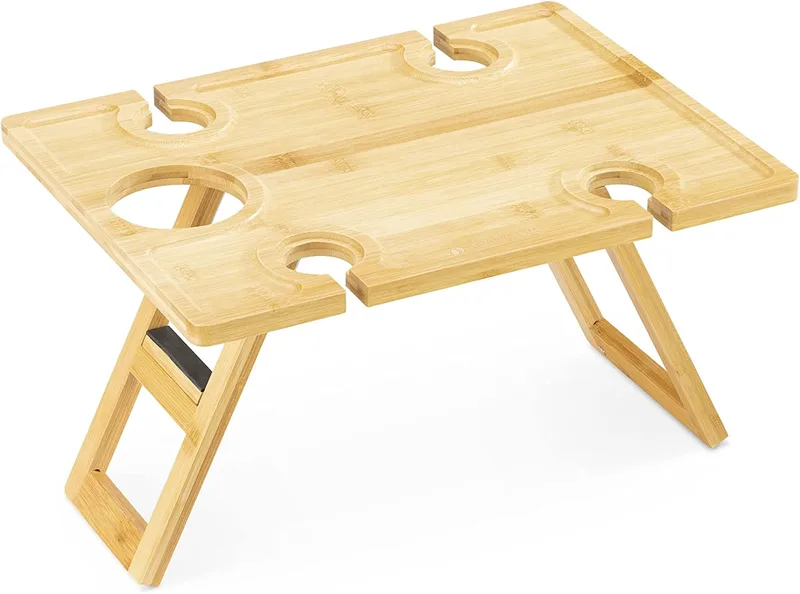 Navaris Bamboo Portable Picnic Tray - Φορητός Πτυσσόμενος Δίσκος / Τραπεζάκι Κρασιού για Πικνίκ / Κάμπινγκ από Μπαμπού - 43 x 32 x 23cm - Light Brown (56161.01)