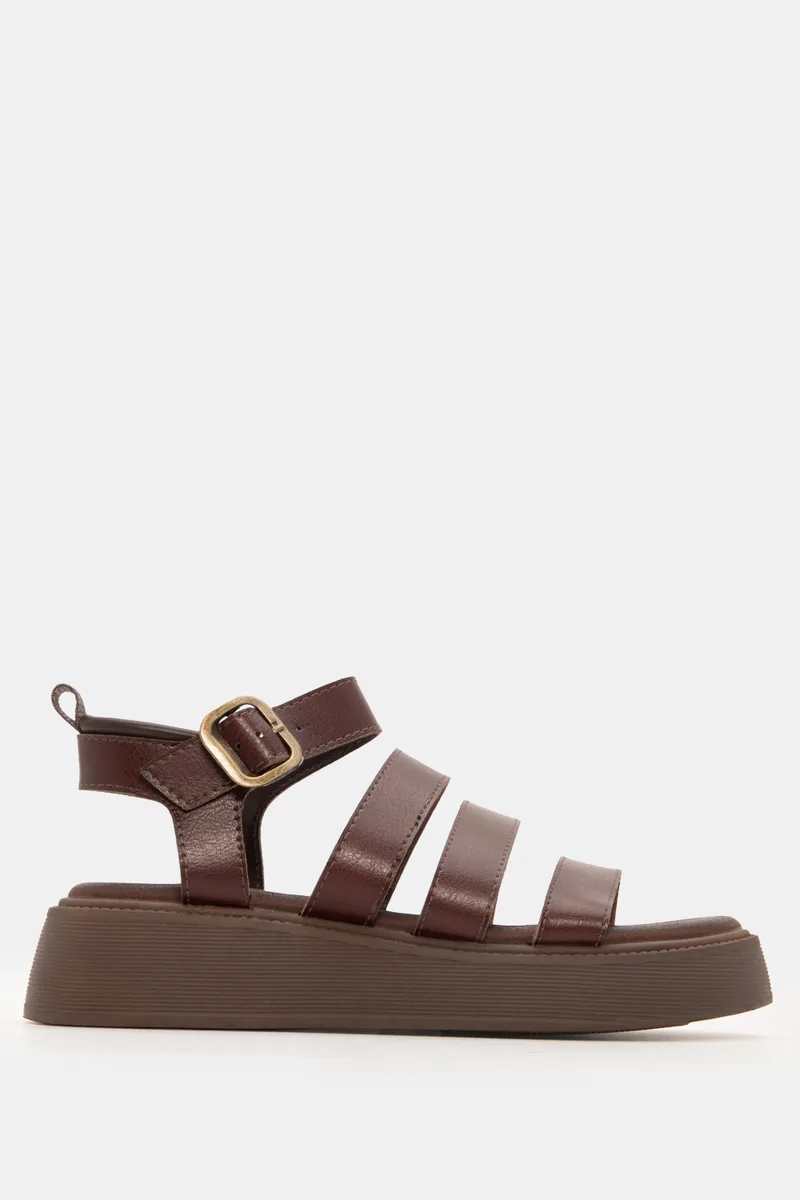 Σανδάλια Flatform με Λουράκια & Τόκα - Καφέ Σκούρο