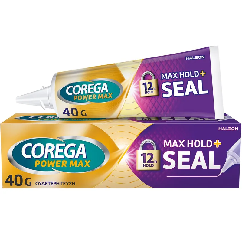 Corega Power Max Hold & Seal Στερεωτική Κρέμα για Οδοντοστοιχίες, Ισχυρή Συγκράτηση Όλη Μέρα με Ουδέτερη Γεύση 40g