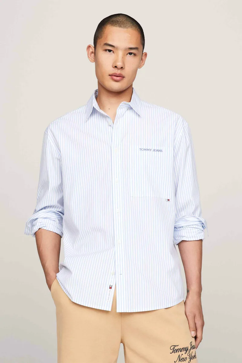 Tommy Jeans ανδρικό πουκάμισο με ριγέ σχέδιο και κεντημένο λογότυπο Classic Fit - DM0DM18956 Μπλε Ανοιχτό