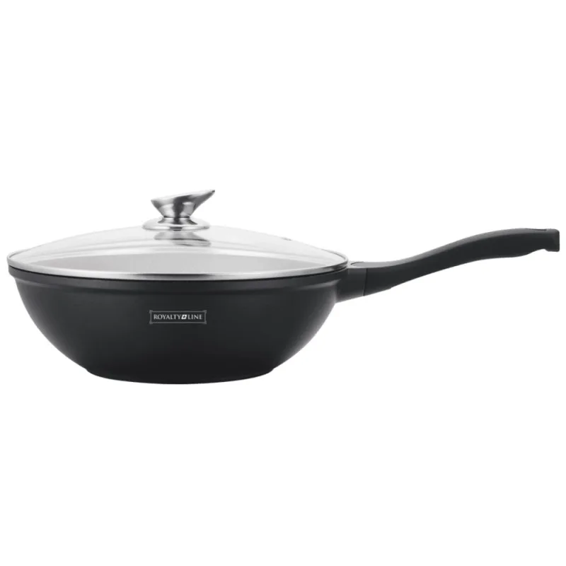 Τηγάνι wok Royalty Line RL-BW30M, 30 εκ., Μαρμάρινη επίστρωση, Επαγωγή, Μαλακές Λαβές, Μαύρο