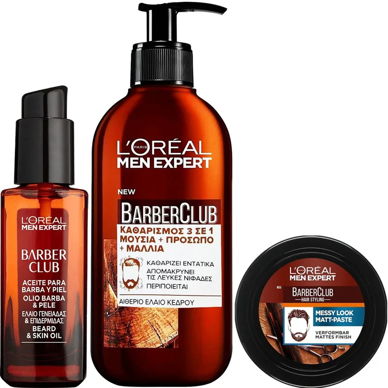 Σετ L'Oreal Paris Men Expert BarberClub Beard & Skin Oil 30ml & Face & Hair Wash Gel 200ml & Messy Hair Molding Clay 75ml