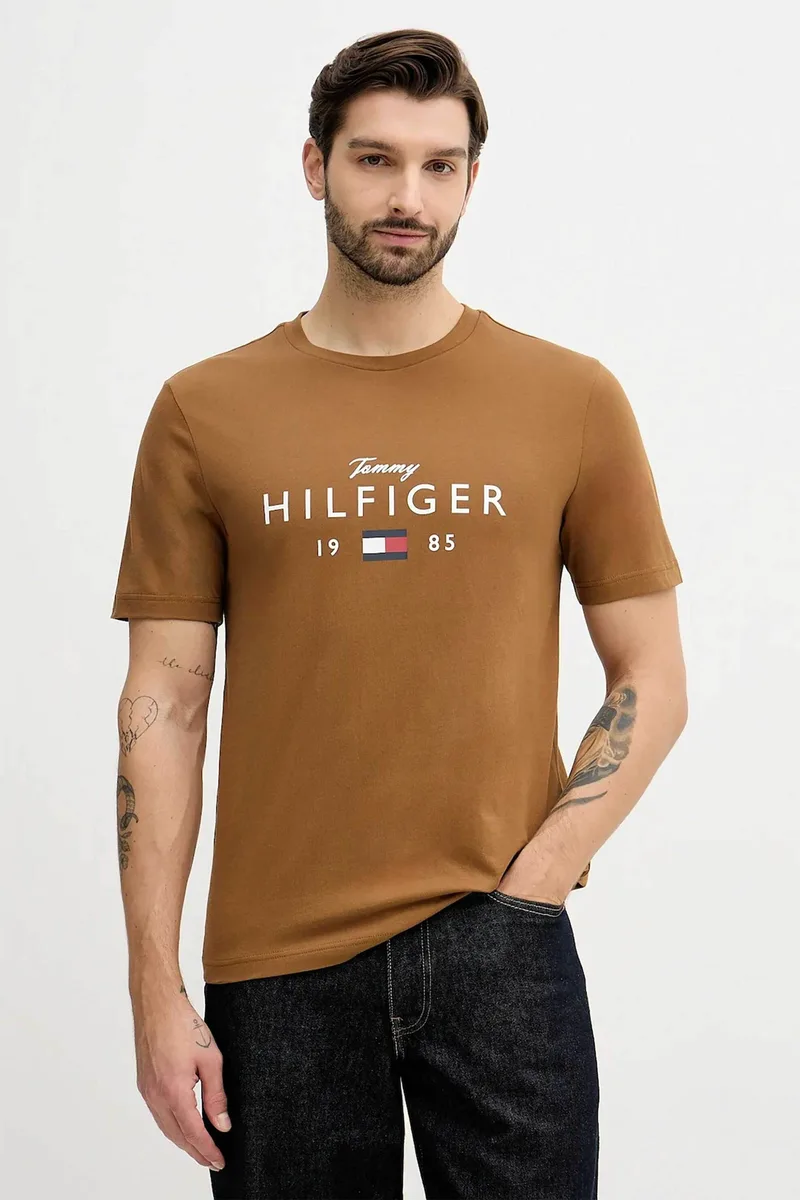 Tommy Hilfiger ανδρικό T-shirt με logo print Regular Fit - MW0MW41455 Καφέ